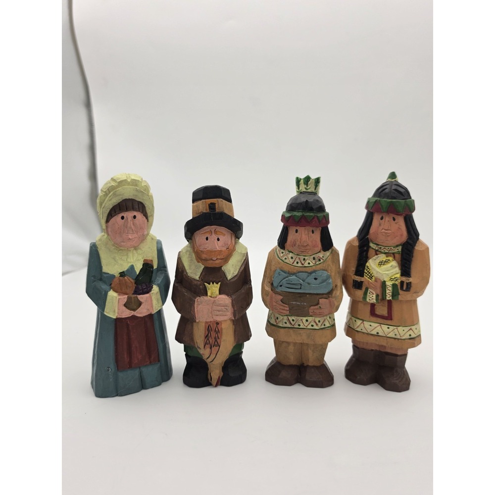 Vintage Carved Wood Indigenous Native American & Pilgrims Set Harvest Folk Art